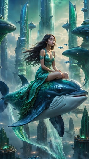 A girl with a dreamy expression sits atop a whale's back, surrounded by a surrealistic cityscape of towering xinxihuan-inspired skyscrapers. Soft, blue-green lighting illuminates the scene as the girl's long hair flows like seaweed in the gentle ocean currents. In the background, science fiction-inspired spacecraft hover and glide through the misty atmosphere.