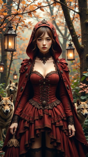 A masterpiece of eerie elegance! A Sexy Gothic Lolita, inspired by Little Red Riding Hood, stands amidst a misty forest. The Victorian-styles lanterns cast an otherworldly glow on her dramatic pose. Her revealing steampunk corset features intricate gears and lace, while a flowing dark red cloak drapes around her. Clockwork wolves lurk in the fog, their mechanical limbs eerily still. A delicate lace parasol adorns her hand, as golden hour light filters through the trees, casting sharp shadows on her porcelain skin. The air is thick with lush textures, metallic accessories, and vibrant red accents amidst a dark gothic atmosphere, all bathed in the soft glow of Rococo Steampunk's whimsical world.