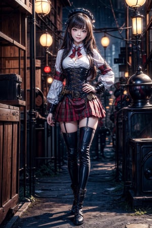 masterpiece, highres, best quality, 1girl solo, full Body, shoolgirl steampunk uniform with Red Tartan Mini Skirt and a leather Corset with a strong Steampunk design, smile, Japanese old Town,Komorebi