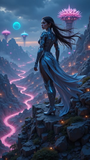 "Epic fantasy artwork, dynamic pose of a fierce girl wearing a lotus-inspired battle garment, intricate armor with lotus flower motifs, standing atop an alien cliff overlooking a vast, bioluminescent landscape, futuristic floating cities in the background, glowing neon rivers cutting through the terrain, her hair flowing in the wind, strong contrast between the dark sky and her glowing armor, intense lighting from below casting sharp shadows, dramatic and powerful composition",FluxBoost