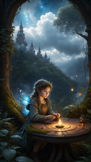 art by Mandy Disher, digital art 8k, Jean-Baptiste Monge style, art by cameron gray, masterpiece, best quality, high quality, extremely detailed CG unity 8k wallpaper, scenery, outdoors, sky, cloud, day, (a little girl in a fairy circle at night), atmospheric oliva lighting, on the table, 4k UHD, dark vibes, hyper detailed, vibrant colours forest background, epic composition, octane render, sharp focus, high resolution isometric, Photorealistic, trending on artstation, trending on CGsociety, Intricate, dramatic, art by Razumov and Volegov, art by Carne Griffiths and Wadim Kashin rutkowski, hyperrealism painting,xinxihuan