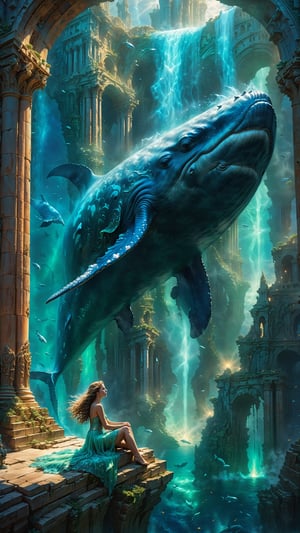 A dreamlike scene unfolds: a young girl with flowing hair and ethereal features sits precariously on the fin of a colossal whale, suspended above the ruins of Atlantis. The city's crumbling spires and columns stretch out like skeletal fingers as the girl gazes wistfully into the depths of the ocean. Soft, blue-green lighting casts an otherworldly glow, while surrealistic fog swirls around them, blurring the lines between reality and fantasy.