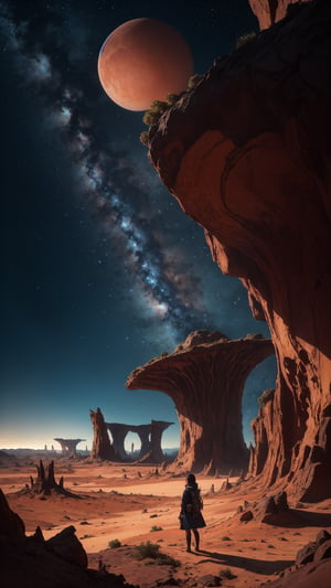 A lone girl stands confidently at the forefront of a barren, alien planet landscape. The rust-red soil stretches out before her, punctuated by twisted, metallic rock formations. The sky above is a deep shade of indigo, with stars and planets twinkling like diamonds scattered across the cosmos. Furr-like vegetation sprouts from the ground, its tendrils curling around the girl's legs. She gazes directly into the camera, her eyes shining with an otherworldly intensity as she surveys her strange new surroundings.