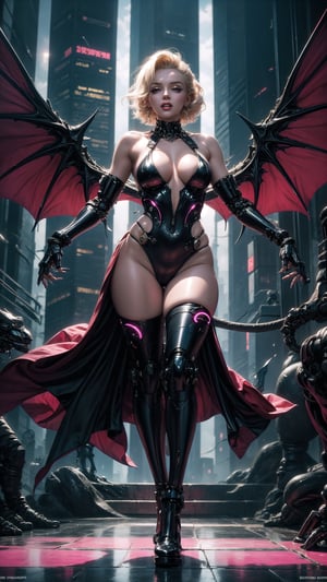 In a dystopian metropolis, Marilyn Monroe, reimagined as a sultry succubus, stands tall with demon wings spread wide, casting a spell of allure. Neon lights dance across her curves, contrasting with the dark cityscape's towering skyscrapers. Her lovely succubus form glows with an ethereal aura, amidst intricate technological details and vibrant color palette. She exudes seductive power, drawing attention to every detail, from her full body pose to the high-resolution textures of her cybernetic enhancements.