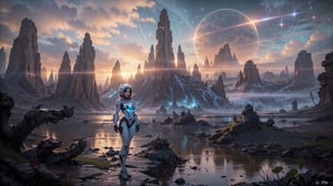 A stunning photorealistic image of a ravishing(( retro space girl ))posing confidently against a breathtaking sunset-lit alien landscape. Dramatic rock formations tower in the background, while wind-whipped clouds billow across the sky. The space ranger Girl wears a High GLOSSY white Thight Plugsuit with light Blue blue accents, striking a pose that exudes vintage sci-fi glamour. The rule of thirds composition draws the viewer's eye to her captivating gaze, as rich colors and sharp focus create an image of unparalleled detail.Full Body,Dynamic Angle,lake,alien plants,cosmiclandscapes,mysterious,strange rock formations,barren planet,desert,strange growths,Cowboy Shot