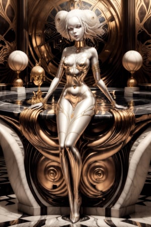 "((Surreal albino girl)) intertwined with liquid metal, surrounded by the geometric elegance of art deco, a grand cathedral bathed in the warm hues of a setting sun's light beams, with a serene fountain completing the dreamlike scene.",More Detail,art_deco_fusion