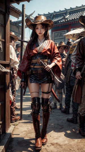 GIRL,((SAMURAI-COWBOY)), Leather Cowboy HAT, Alien Planet ,Katana,((Pistol holster)),((COWBOY BOOTS)),SCIENCE FICTION,Full Body,cowgirl,belt_buckle