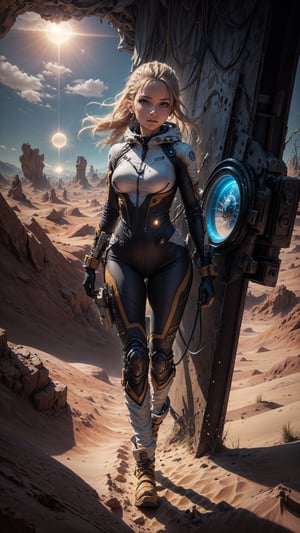A close-up shot of a girl in a plugsuit walking at the edge of a desert landscape, with a shimmering portal to another world swirling behind her. The sun beats down, casting a warm glow on her determined expression. In the foreground, her boots and plugsuit seem to be swallowed by the sandy dunes. Framed by the vast expanse of blue sky and portal, she embodies a strong, science fiction cowboy spirit.
