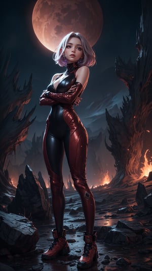 A stunning image of a girl standing confidently front and center on an alien planet's rust-red terrain. She wears a sleek jumpsuit adorned with shimmering silver accents, her hair styled in a messy bob framing her striking features. The eerie purple sky looms behind her, with twisted rock formations and glowing orbs scattered across the landscape. The girl's pose exudes determination, her arms crossed over her chest as she gazes out at the alien world.