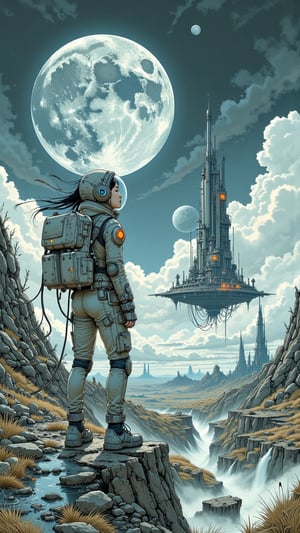 A girl in a futuristic spacesuit stands at the edge of an alien landscape, her helmet tilted upwards towards the celestial canvas above. Soft, lunar light casts an otherworldly glow on her face, as she surveys the floating islands and ancient ruins scattered before her. The atmosphere is alive with discovery, as if she's unearthed long-forgotten secrets among the mystical ruins.