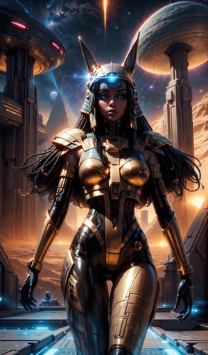 "((Cyberstyle girl)) with an Egyptian twist, standing amidst a mesmerizing space landscape with fantastic planets, the golden hour enhancing the ((science fiction ambiance)), ((futuristic masterpiece)), detailed composition, (best quality),Seductive Pose,Cyber_Egypt