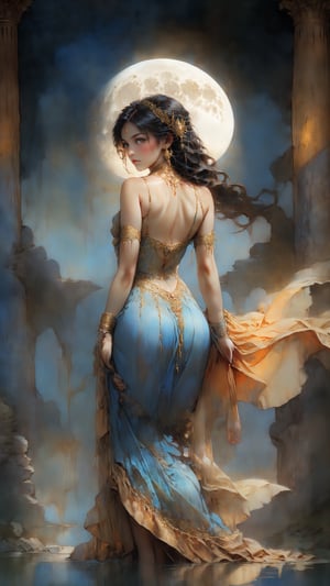 "sunset portrait,CLOSEUP young girl in a flowing dress, standing by a serene pond, ancient stone pillars framing her, a massive moon rising in the background, rule of thirds composition, warm and soft lighting, highly detailed, vibrant colors, sharp focus", Blue and Gold dancer lingerie,pelvic curtain,see-through,detached sleeves,((LOOKING BACK))