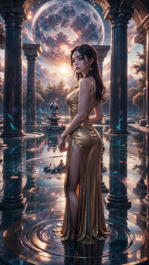 "golden hour portrait,CLOSEUP  young girl in a flowing dress, standing by a serene pond, ancient stone pillars framing her, a massive moon rising in the background, rule of thirds composition, warm and soft lighting, highly detailed, vibrant colors, sharp focus"