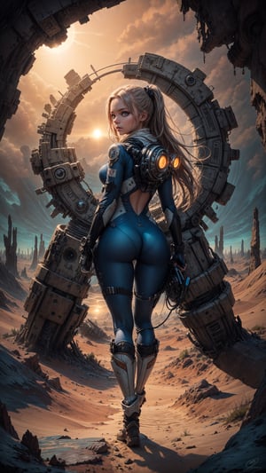 A close-up shot of a girl in a plugsuit standing at the edge of a desert landscape, with a shimmering portal to another world swirling behind her. The sun beats down, casting a warm glow on her determined expression. In the foreground, her boots and plugsuit seem to be swallowed by the sandy dunes. Framed by the vast expanse of blue sky and portal, she embodies a strong, science fiction cowboy spirit.WALKING, Looking BAck