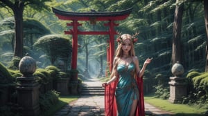 （realisticlying：1.35）,（concept-art）,（ goddess of the forest）,（Gorgeous face enchanting,Amazing）,（Long, Flowing light blonde hair）,Mint SILK,（Beautiful skin is green,Made of complex leaves and vines）,（Antlers on the head）,（pointy ears）,（Shining blue eyes）,(an enchanted forest）Background with,butterflys：0.35,leafs, blooming light effect, blossoms：0.4, God Ray, Light and dust, realistic skin textures, , complex, A detailed, highest  quality, hasselblatt, Nikon D850, Natural stereo lighting, （Good anatomy）, well-composed, （good proportions）, subsurfacescattering, Award-Awarded, tmasterpiece,More Detail,Torii