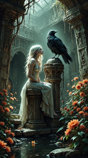 A mystical scene unfolds: a dreamy girl with ethereal locks and skin aglow in soft candlelight sits atop a weathered stone pedestal amidst a fantastical landscape. A majestic crow perches beside her, its raven-black plumage glistening with subtle sheen. Dramatic light casts long shadows, illuminating the lush greens and fiery oranges of the surrounding foliage. The air is thick with misty veil, as if the very fabric of reality bends to frame this surreal tableau.