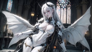 "Photorealistic image, HDR, 8K, Masterpiece,Beautyful cyborg succubus with ((white Glossy plastic skin)), white glossy and reflective surface,  ((white demon wings)),HORNS, rule of thirds composition, golden hour lighting, Inside Cathedral, high contrast,cyborg,dynamic Angle,Seductive Pose,Cowboy Shot