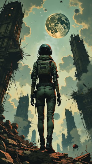 A girl in a futuristic spacesuit stands at the edge of an alien landscape, her helmet tilted upwards towards the celestial canvas above. Soft, lunar light casts an otherworldly glow on her face, as she surveys the floating islands and ancient ruins scattered before her. The atmosphere is alive with discovery, as if she's unearthed long-forgotten secrets among the mystical ruins.