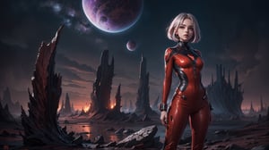 A stunning image of a girl standing confidently front and center on an alien planet's rust-red terrain. She wears a sleek jumpsuit adorned with shimmering silver accents, her hair styled in a messy bob framing her striking features. The eerie purple sky looms behind her, with twisted rock formations and glowing orbs scattered across the landscape. The girl's pose exudes determination, her arms crossed over her chest as she gazes out at the alien world.