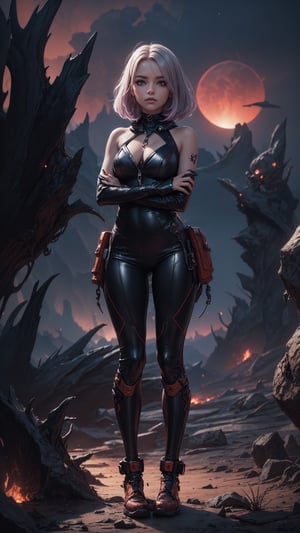 A stunning image of a girl standing confidently front and center on an alien planet's rust-red terrain. She wears a sleek jumpsuit adorned with shimmering silver accents, her hair styled in a messy bob framing her striking features. The eerie purple sky looms behind her, with twisted rock formations and glowing orbs scattered across the landscape. The girl's pose exudes determination, her arms crossed over her chest as she gazes out at the alien world.