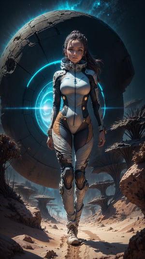 A determined girl in a plugsuit walks at the desert's edge, as a shimmering portal swirls behind her. Warm sunlight casts a glow on her expression, boots, and plugsuit partially buried in sandy dunes. Framed by endless blue sky and the portal's ethereal glow, she embodies a strong, science fiction cowboy spirit.