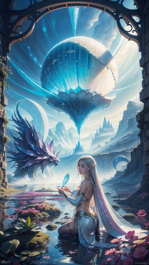 "watercolor painting, soft yet detailed, a young girl gazing into a large, luminescent shell with a mother-of-pearl finish, the scene awash with surreal colors blending into one another, the landscape filled with strange, glowing plants and misty, distant mountains, the girl's hair flowing softly in the alien breeze, the painting capturing the dreamlike essence of a fantasy-science fiction world"