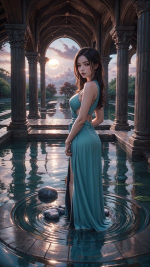"sunset portrait,CLOSEUP  young girl in a flowing dress, standing by a serene pond, ancient stone pillars framing her, a massive moon rising in the background, rule of thirds composition, warm and soft lighting, highly detailed, vibrant colors, sharp focus"