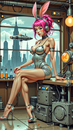 A sultry bunnygirl in a retro-futuristic laboratory setting, surrounded by vintage sci-fi gadgets and neon-lit test tubes. She wears a shimmering silver jumpsuit with a plunging neckline, her long legs splayed seductively on a metallic pedestal. Her bright pink hair is styled in a 1950s-inspired bouffant, as she poses confidently, one hand resting on the shoulder of a gleaming robot arm. The room is bathed in a warm, nostalgic glow, with a cityscape of towering skyscrapers and flying cars visible through the retro-futuristic windows.