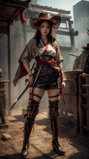 GIRL,((SAMURAI-COWBOY)), Leather Cowboy HAT, Alien Planet ,Katana,((Pistol holster)),((COWBOY BOOTS)),SCIENCE FICTION,Full Body,cowgirl,belt_buckle