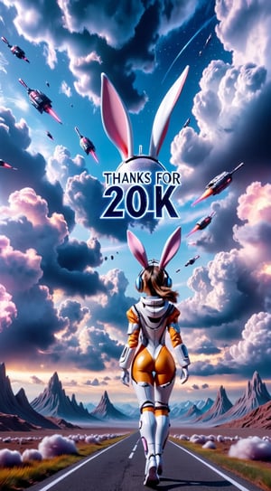 ((( The text on the Sign "Thanks for 20 K" ))) ,Design a portrait of (Sexy Girl with Bunny Ears ), in Futuristic Skinthight Space suit and dreamy compositions, back view intensity, epic clouds and Science fiction Background shot,Masterpiece,Text,text as "", 3D SINGLE TEXT,hubg_mecha_girl,cyborg style