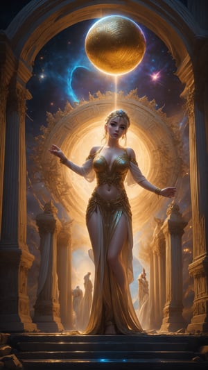 "epic fantasy scene, Greek Mythology, girl with a mystical aura, holding a glowing orb, ancient Greek temple in the background, starry night sky, magical atmosphere, flowing robes, intricate details, high quality, detailed, vivid colors",Fantasy detailers,Dynamic poses,Movement poses 