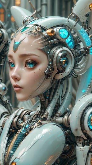 8k; A beautiful (cyborg) with Light Blue hair, (((BEautyful White Glossy PLastic Robot FAce))) , mecha musume scifi body suit,HIGH GLOSS pauldrons, intricate, elegant, highly detailed, majestic, digital photography, art by artgerm and ruan jia and greg rutkowski surreal painting reflective, hairpin jewel, broken glass, (masterpiece, sidelighting, finely detailed beautiful eyes: 1.2), hdr,reelmech, mechanical parts,ALIEN PLANET SETTING,FUll Body,(((Looking BAck)))