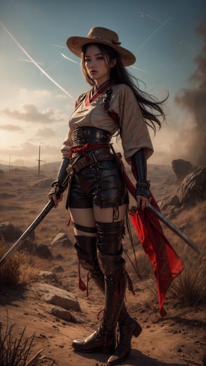 Against a dusty alien horizon, Samurai Cowgirl stands tall, hat tipped back, eyes blazing with determination. Katana at her side, scabbard adorned with intricate designs, pistol holster gleaming on hip. Worn boots tell tales of intergalactic trails traversed. Framed by the rusty red landscape, she surveys new surroundings, belt buckle glinting in alien sunlight.