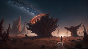 A lone girl stands confidently at the forefront of a barren, alien planet landscape. The rust-red soil stretches out before her, punctuated by twisted, metallic rock formations. The sky above is a deep shade of indigo, with stars and planets twinkling like diamonds scattered across the cosmos. Furr-like vegetation sprouts from the ground, its tendrils curling around the girl's legs. She gazes directly into the camera, her eyes shining with an otherworldly intensity as she surveys her strange new surroundings.