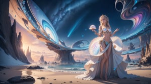 "((masterpiece)), highly detailed, digital illustration, a Beautyful young girl standing on an otherworldly beach, holding a giant shell with a shimmering mother-of-pearl interior, the shell radiating soft iridescent light, her eyes wide with wonder as she gazes into its depths, the landscape around her filled with strange, fantastical flora and glowing crystals, the sky above swirling with vibrant colors, blending elements of science fiction and fantasy, a sense of discovery and magic"