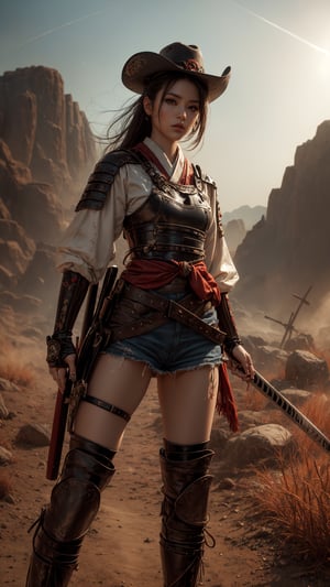 Against a dusty alien horizon, Samurai Cowgirl stands tall, hat tipped back, eyes blazing with determination. Katana at her side, scabbard adorned with intricate designs, pistol holster gleaming on hip. Worn boots tell tales of intergalactic trails traversed. Framed by the rusty red landscape, she surveys new surroundings, belt buckle glinting in alien sunlight.