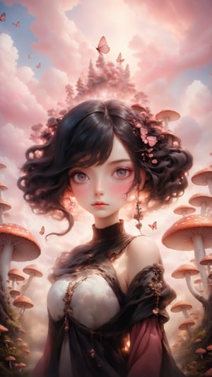 A girl's face fills the frame, her eyes closed in rapt attention as a butterfly alights on her cheek. Soft pink clouds drift lazily across the sunset sky behind her, blending into a fantastical landscape of twisted trees and glowing mushrooms. In this surreal wonderland, reality melts away as she surrenders to the dream.