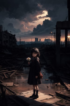 A hauntingly beautiful oil painting depicting a little girl standing amidst the ruins of a once great city, their gaze fixed on the horizon as they clutch a wilted flower in their hand. The muted colors of the landscape evoke a sense of desolation, yet there's a glimmer of hope in the child's eyes, a reminder that even in the darkest of times, beauty can still be found. cowboyshot