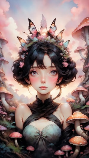 A girl's face fills the frame, her eyes closed in rapt attention as a butterfly alights on her cheek. Soft pink clouds drift lazily across the sunset sky behind her, blending into a fantastical landscape of twisted trees and glowing mushrooms. In this surreal wonderland, reality melts away as she surrenders to the dream.