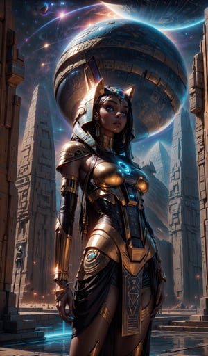 "((Cyberstyle girl)) with an Egyptian twist, standing amidst a mesmerizing space landscape with fantastic planets, the golden hour enhancing the ((science fiction ambiance)), ((futuristic masterpiece)), detailed composition, (best quality),Seductive Pose,Cyber_Egypt