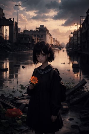 A hauntingly beautiful oil painting depicting a little girl standing amidst the ruins of a once great city, their gaze fixed on the horizon as they clutch a wilted flower in their hand. The muted colors of the landscape evoke a sense of desolation, yet there's a glimmer of hope in the child's eyes, a reminder that even in the darkest of times, beauty can still be found. cowboyshot