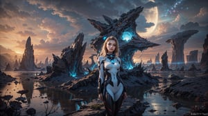 A stunning photorealistic image of a ravishing(( retro space girl ))posing confidently ((Close UP)) in front of a breathtaking sunset-lit alien landscape. Dramatic rock formations tower in the background, while wind-whipped clouds billow across the sky. The space ranger Girl wears a High GLOSSY white Thight Plugsuit with light Blue blue accents, striking a pose that exudes vintage sci-fi glamour. The rule of thirds composition draws the viewer's eye to her captivating gaze, as rich colors and sharp focus create an image of unparalleled detail.Full Body,Dynamic Angle,lake,alien plants,cosmiclandscapes,mysterious,strange rock formations,barren planet,desert,strange growths,Cowboy Shot