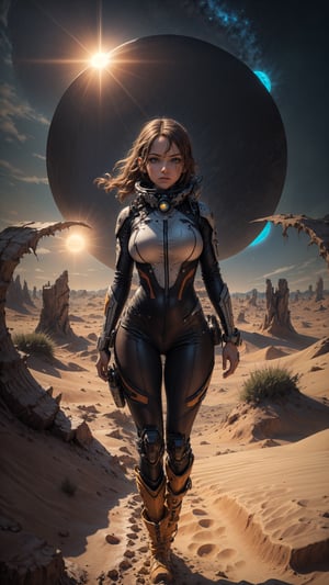 A close-up shot of a girl in a plugsuit standing at the edge of a desert landscape, with a shimmering portal to another world swirling behind her. The sun beats down, casting a warm glow on her determined expression. In the foreground, her boots and plugsuit seem to be swallowed by the sandy dunes. Framed by the vast expanse of blue sky and portal, she embodies a strong, science fiction cowboy spirit.