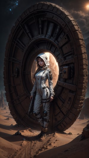 closeup Girl In Plugsuit, Desert, Portal to another WORLD, Science Fiction, COWBOY SHOT