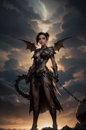  In the midst of gathering storm clouds, a warrior girl stands firm, her stance defiant against the backdrop of a chained dragon. The interplay of light and shadow accentuates her strength, casting her silhouette in sharp relief against the darkening sky. Through the lens, the scene becomes a study in contrasts, a testament to the resilience of the human spirit.