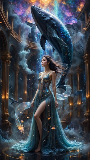 In a vivid tableau, a translucent girl drifts serenely amidst a kaleidoscope of shimmering smoke tendrils, her delicate features reflected in the wispy appendages. In the background, a colossal whale bursts forth from the darkness, its luminous body radiating an unearthly glow. A celestial map stretches across the sky, punctuated by scattered stars and a ravaged cityscape in the distance, blurring the lines between fantasy and reality. The mystical realm of Xinxihuan unfurls, where surreal whimsy and futuristic wonder merge.