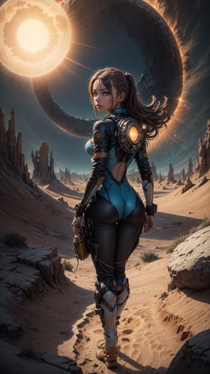A close-up shot of a girl in a plugsuit standing at the edge of a desert landscape, with a shimmering portal to another world swirling behind her. The sun beats down, casting a warm glow on her determined expression. In the foreground, her boots and plugsuit seem to be swallowed by the sandy dunes. Framed by the vast expanse of blue sky and portal, she embodies a strong, science fiction cowboy spirit.Looking BAck