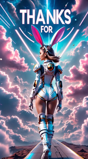 ((( The text on the Sign "Thanks for 20 K" ))) ,Design a portrait of (Sexy Girl with Bunny Ears ), in Futuristic Skinthight Space suit and dreamy compositions, back view intensity, epic clouds and Science fiction Background shot,Masterpiece,Text,text as "", 3D SINGLE TEXT,hubg_mecha_girl