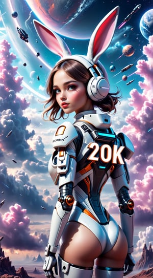((( The text on the Sign "Thanks for 20 K" ))) ,Design a portrait of (Sexy Girl with Bunny Ears ), in Futuristic Skinthight Space suit and dreamy compositions, back view intensity, epic clouds and Science fiction Background shot,Masterpiece,Text,text as "", 3D SINGLE TEXT,hubg_mecha_girl,cyborg style
