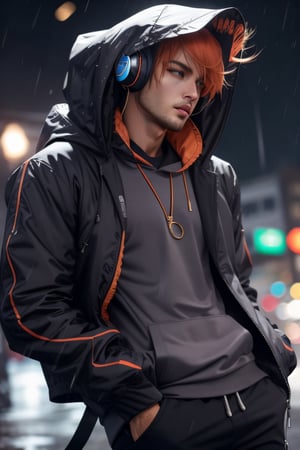 rating:safe, hood, headphones, hoodie, hands_in_pockets, male_focus, hooded_jacket, 1boy, orange_hair, rain, headphones_around_neck, jacket, hood_down, hand_in_pocket, drawstring, necklace, jewelry, shirt, solo, looking_at_viewer, pants, open_clothes, pov_eye_contact